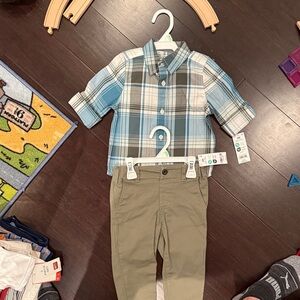 OshKosh B'gosh Blue Plaid & Tan Shorts Set